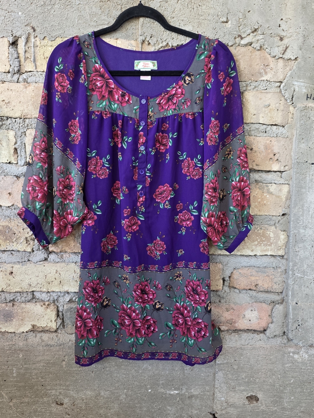 Flying Tomato Purple Floral Boho Chiffon Mini Dress Tunic Size Small